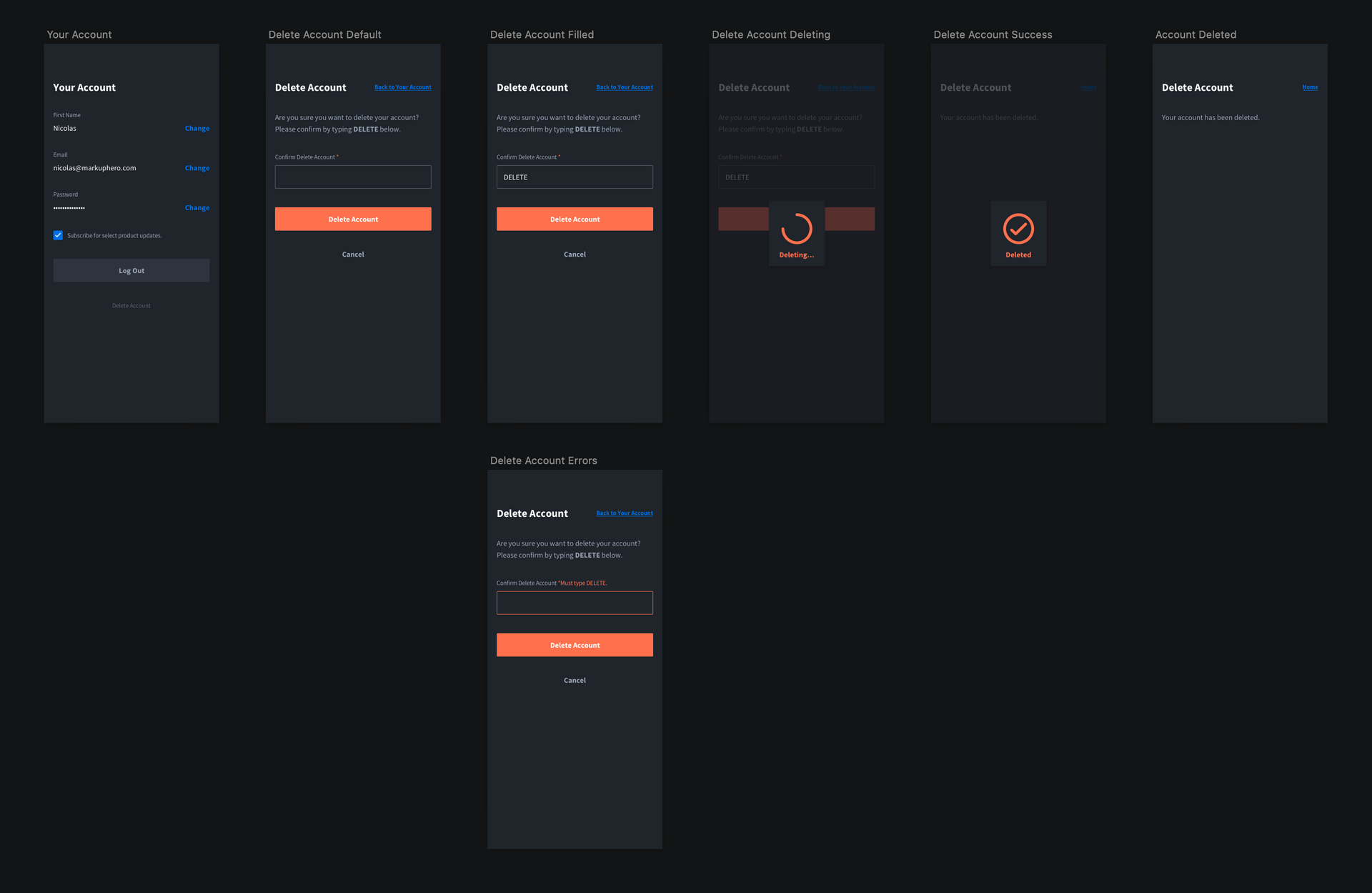 User management: delete your account flow / design from Markup Hero