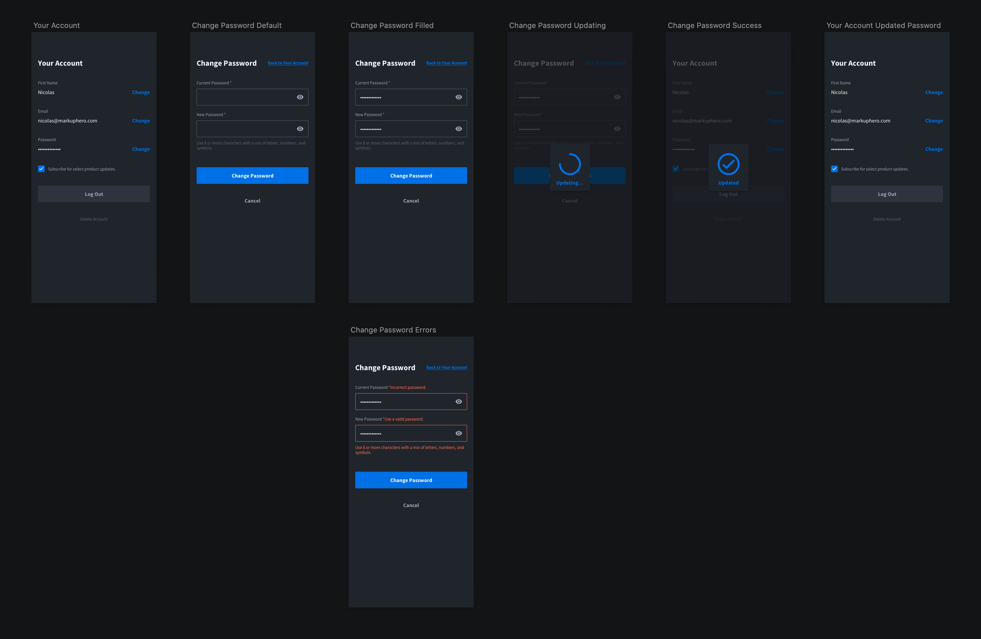 User management: change your password flow / design from Markup Hero