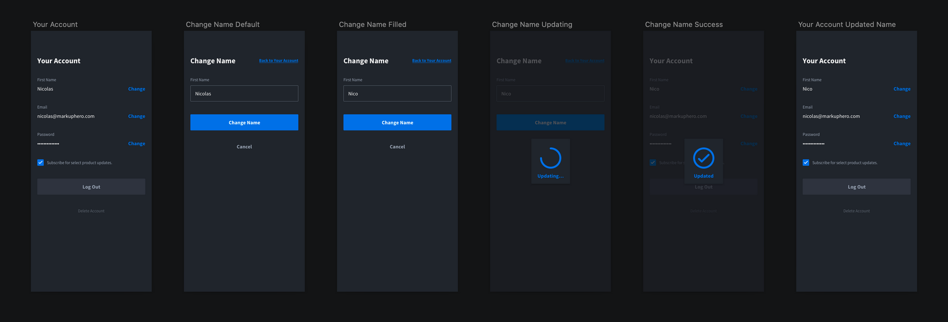 User management: change your name flow / design from Markup Hero