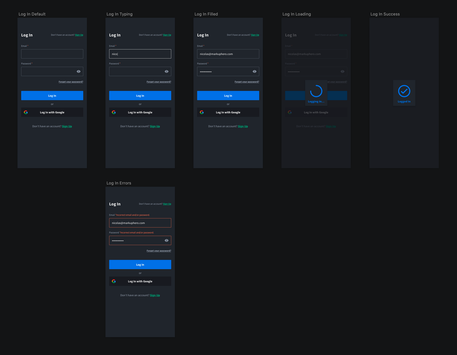 Sign in / log in flow designs from Markup Hero