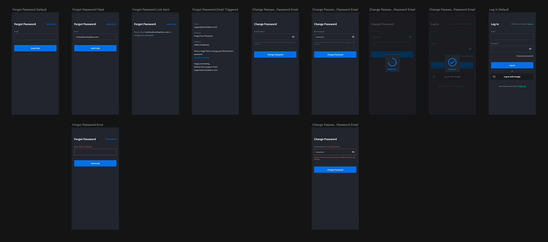 Forgot password flow designs and sample email from Markup Hero