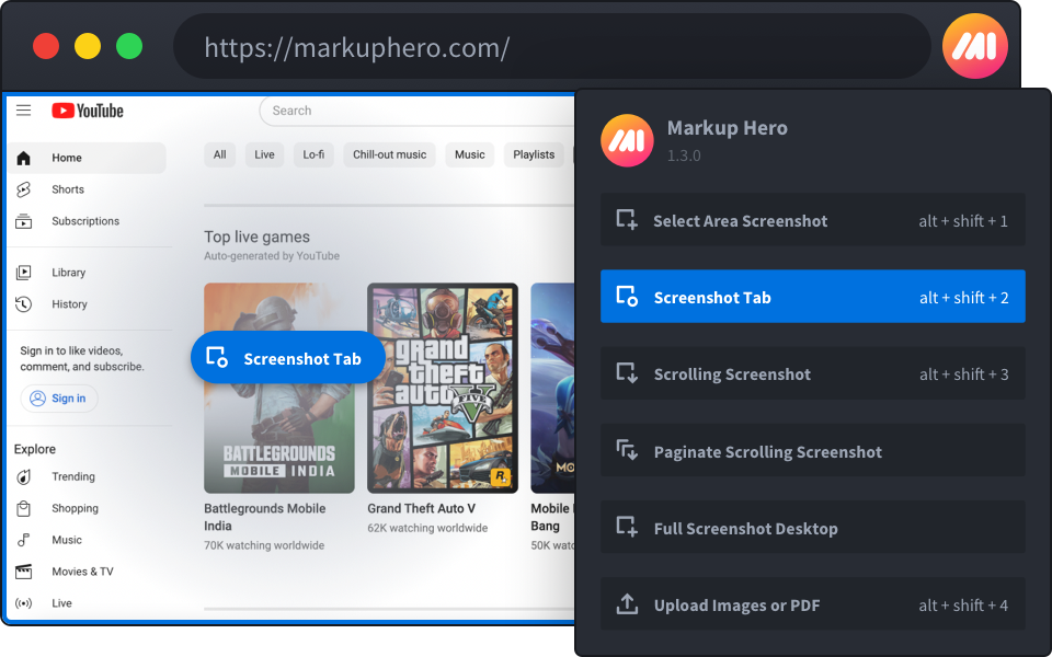 Screenshot on Chrome's web browser with Markup Hero